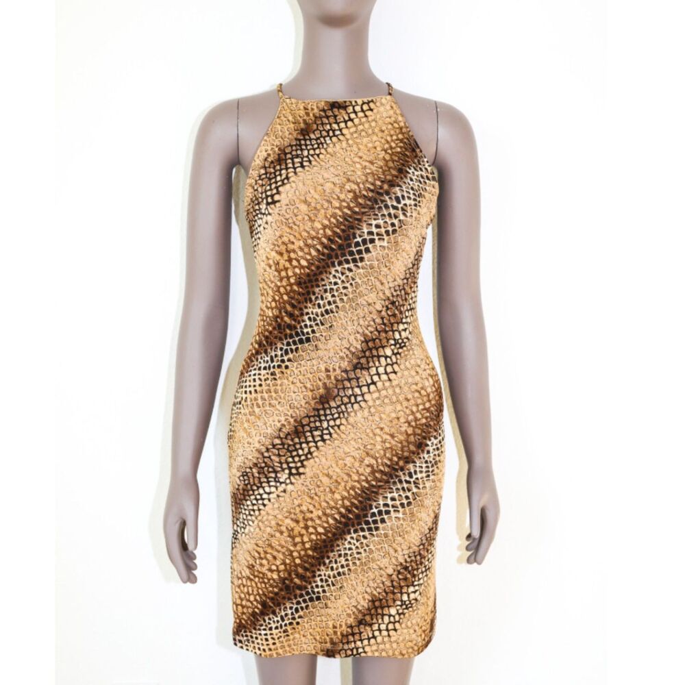 Snake Print Bodycon Mini Dress Small Halter Gold Brown Party Cocktail Y2K Night
